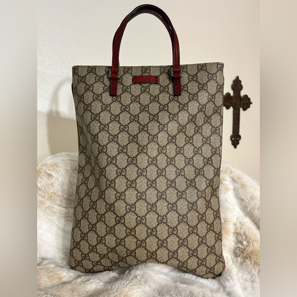Gucci Supreme North South Tote with Red Leather Trim
